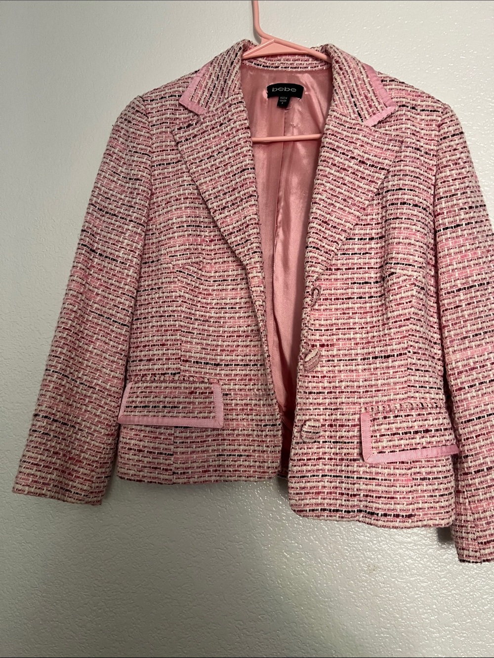 bebe Pink Tweed Notch Lapel Cropped Blazer
